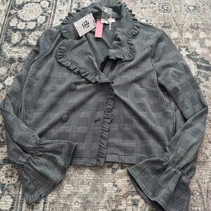 ANDREE BY UNIT Black and White Plaid Ruffled Blazer